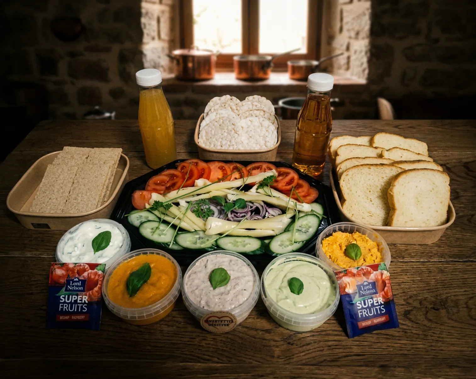 Könnyű fitness reggeli: friss zöldségek, natúr joghurt, teljes kiőrlésű pékáru és gyümölcslé