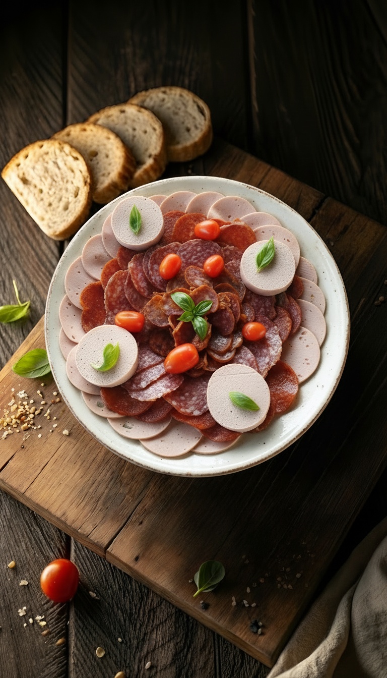 Házi kolbász, szalámi és májas válogatás friss zöldségekkel és kenyérrel