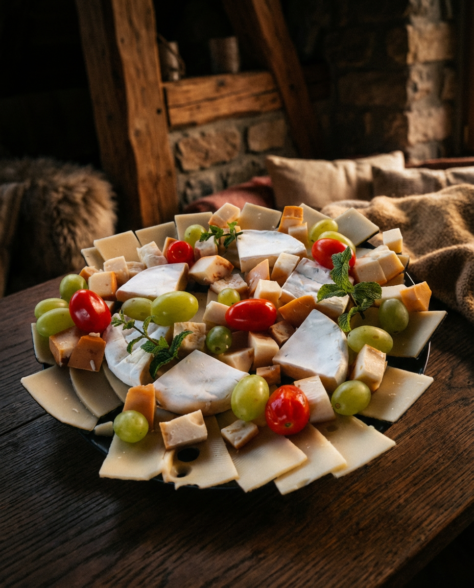 Sajtválogatás friss zöldségekkel és gyümölcsökkel